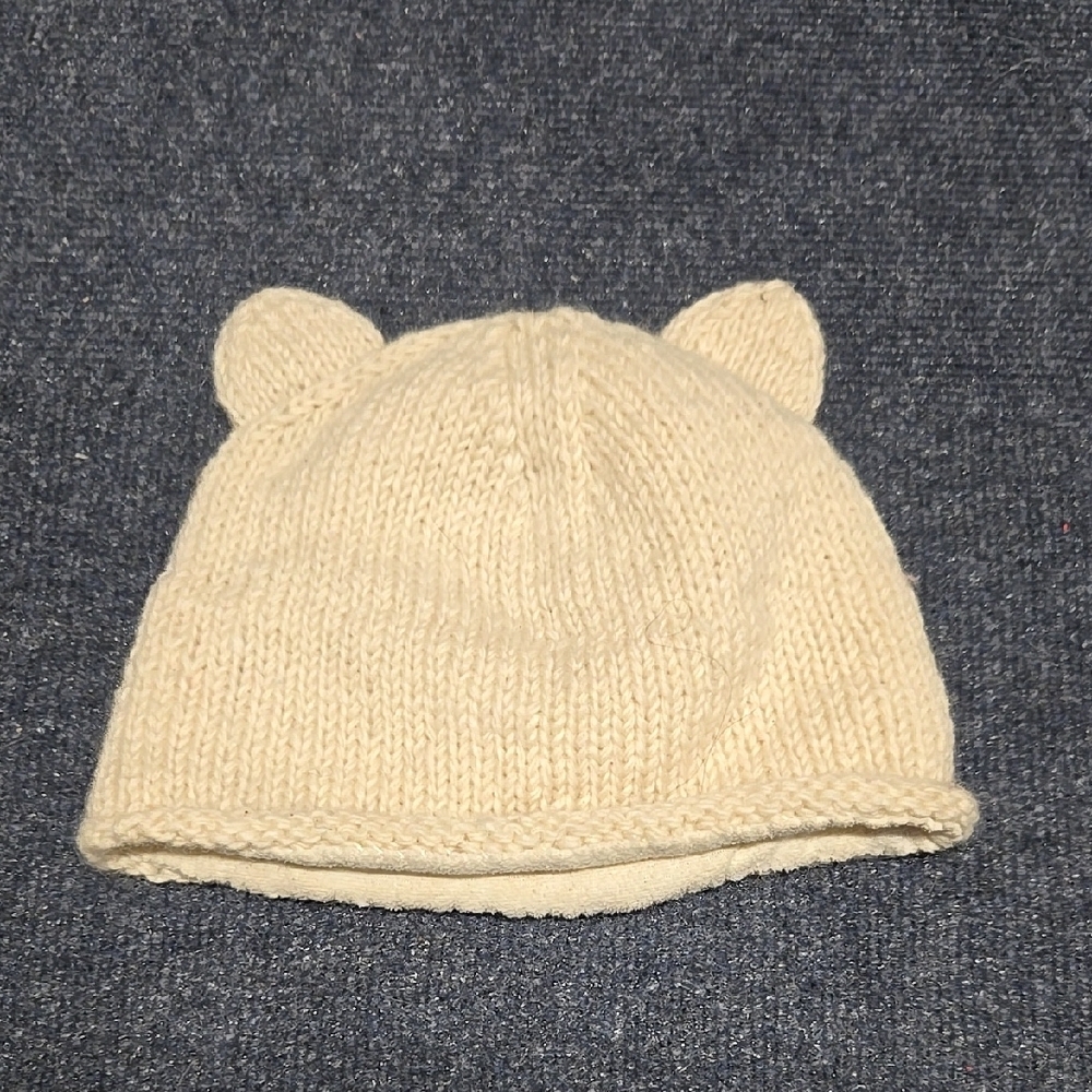 Cream Beanie Hat with Bear Ears and Knitted Texture
